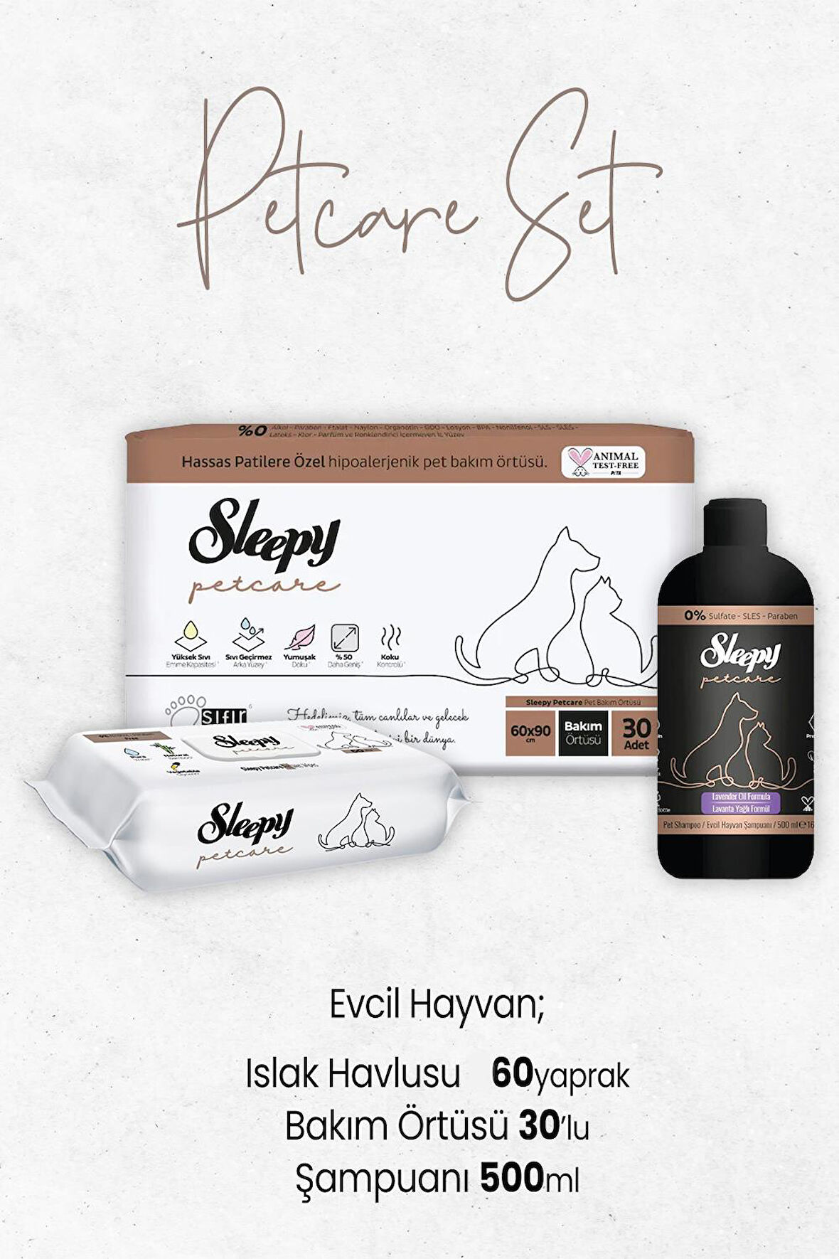 Sleepy Petcare Evcil Hayvan Şampuanı 500 ml,Bakım Örtüsü 30 Adet ve Islak Havlusu 60'lı