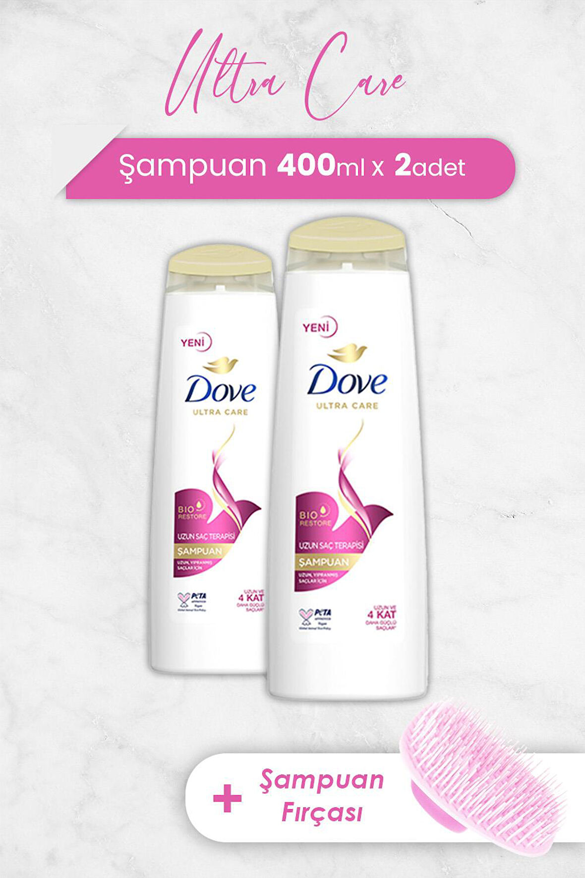 Dove Ultra Care Şampuan Uzun Saç Terapisi 400 ml x 2 Adet ve Şampuan Fırçası