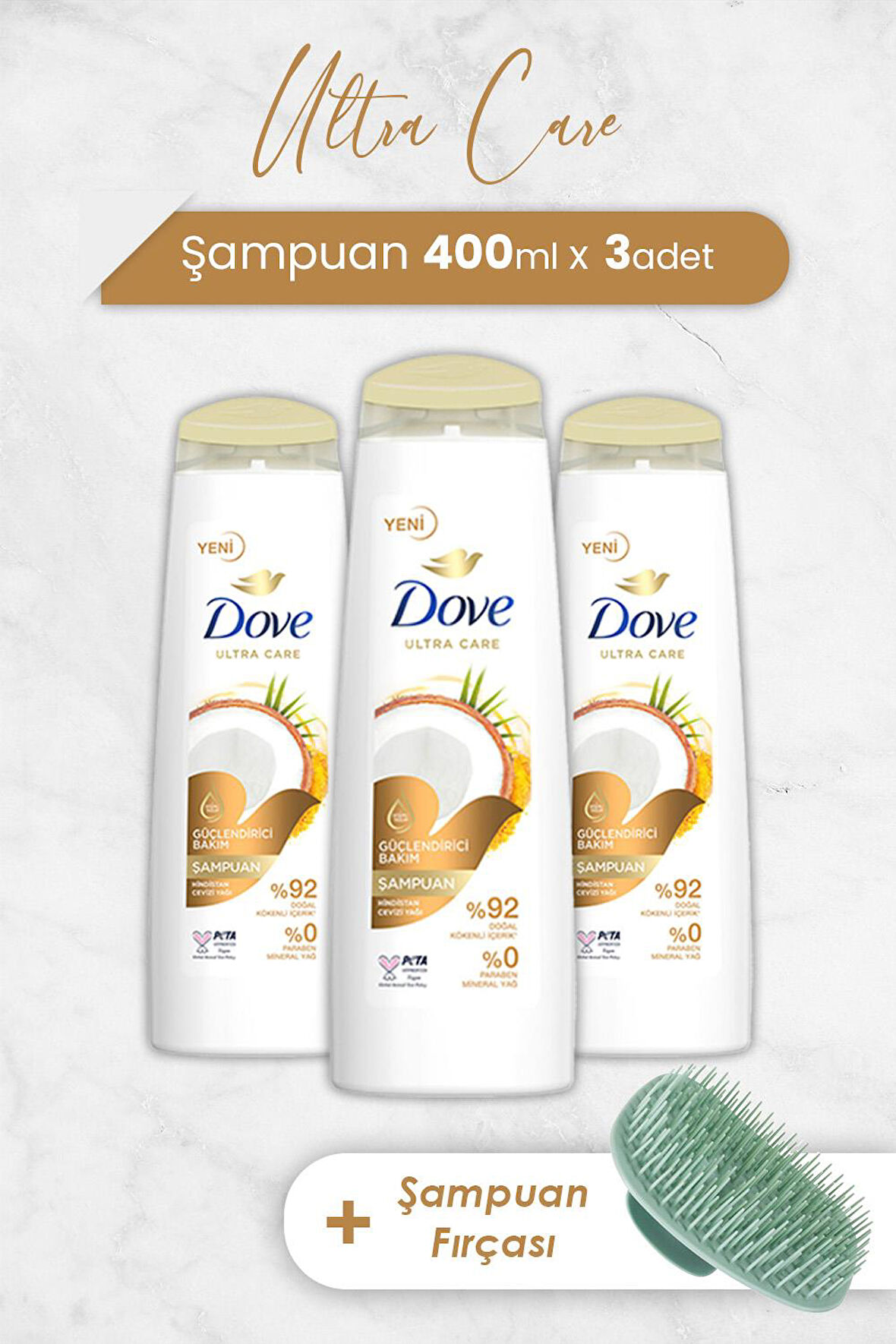 Dove Ultra Care Şampuan Hindistan Cevizi 400 ml x 3 Adet ve Şampuan Fırçası