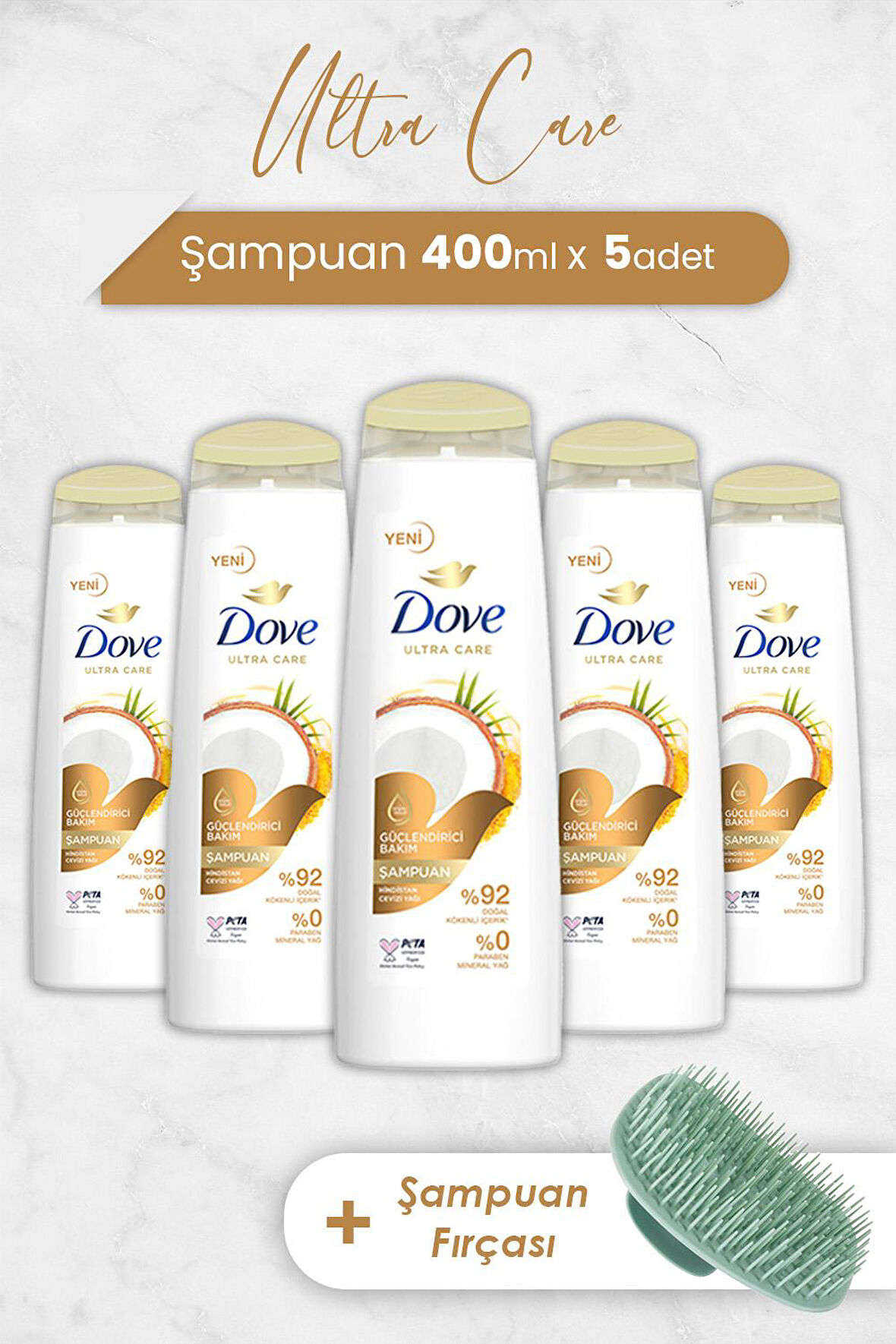 Dove Ultra Care Şampuan Hindistan Cevizi 400 ml x 5 Adet ve Şampuan Fırçası