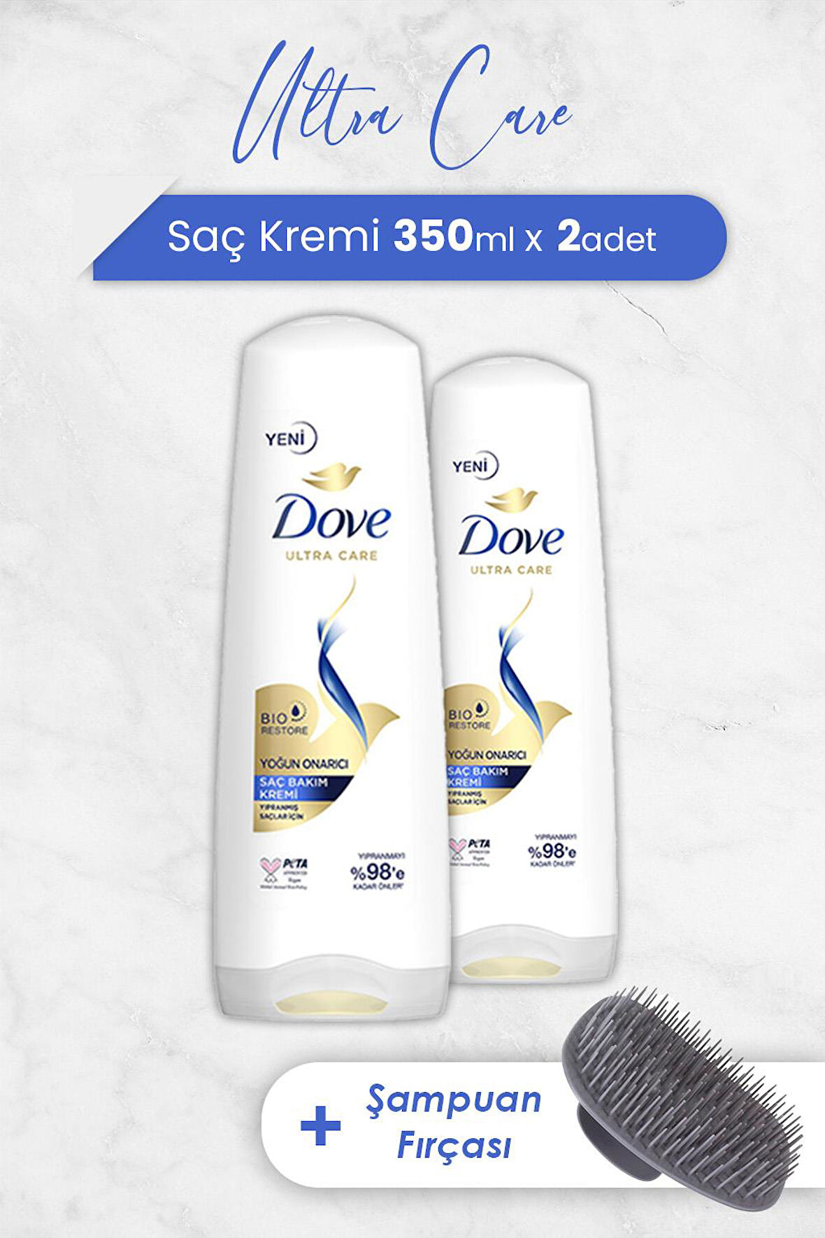 Dove Ultra Care Saç Kremi Yoğun Onarıcı 350 ml x 2 Adet ve Şampuan Fırçası