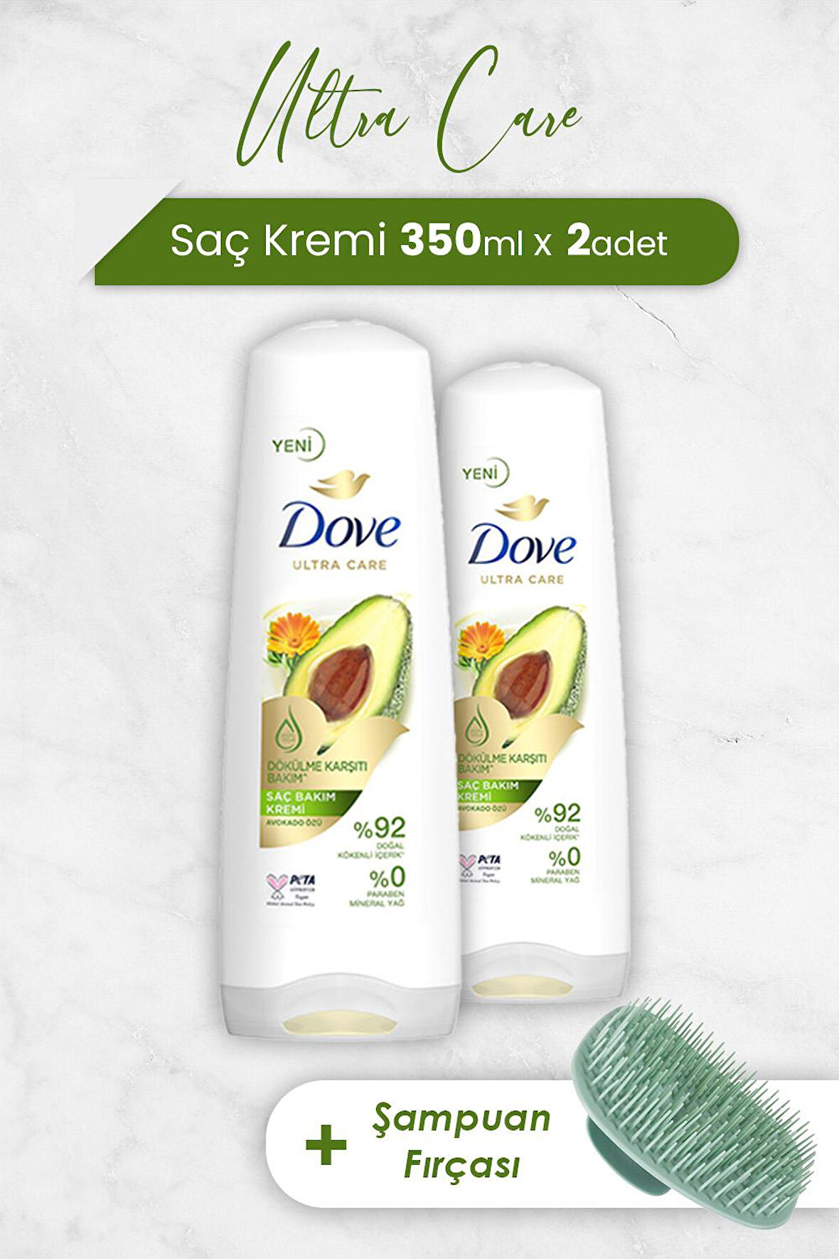 Dove Ultra Care Saç Kremi Avokado Özü 350 ml x 2 Adet ve Şampuan Fırçası