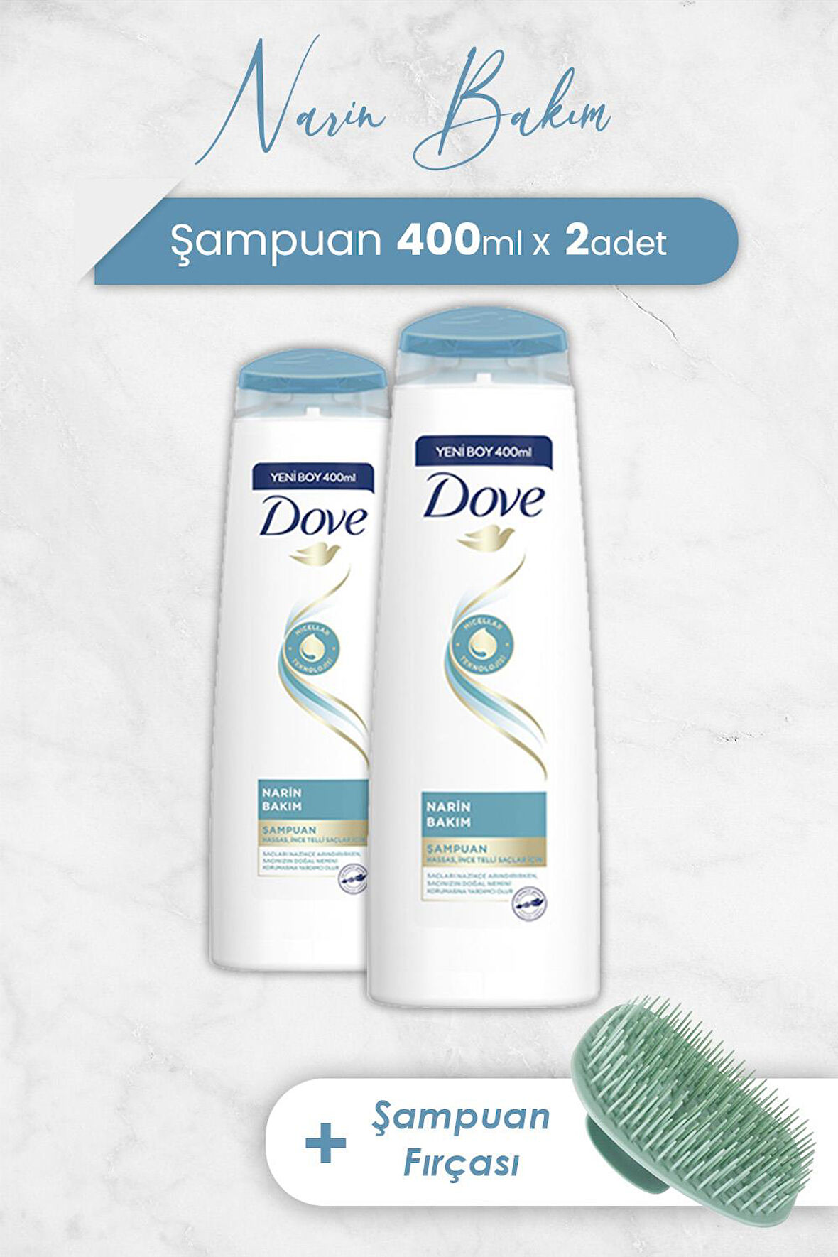 Dove Saç Bakım Şampuanı Narin Bakım 400 ml x 2 Adet ve Şampuan Fırçası