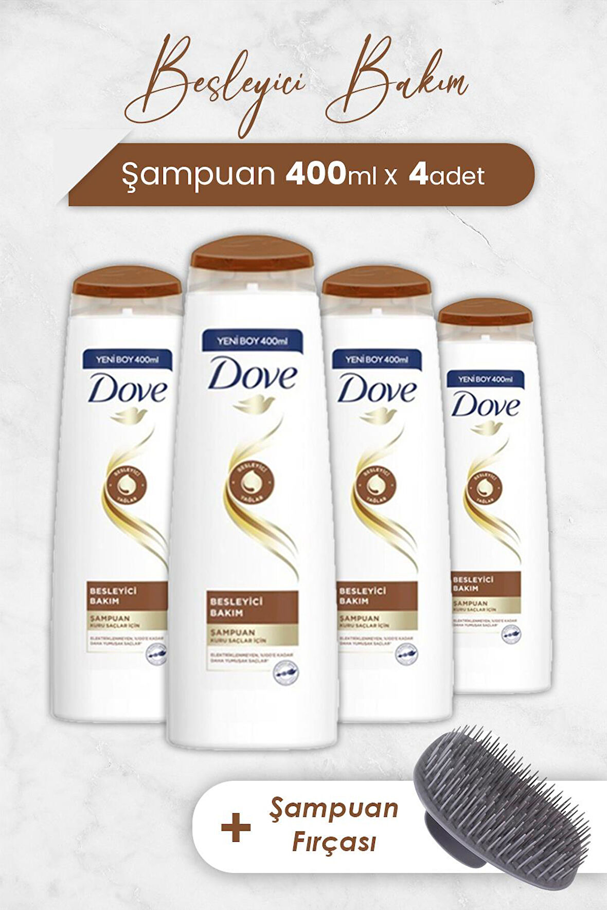 Dove Saç Bakım Şampuanı Besleyici Bakım 400 ml x 4 Adet ve Şampuan Fırçası