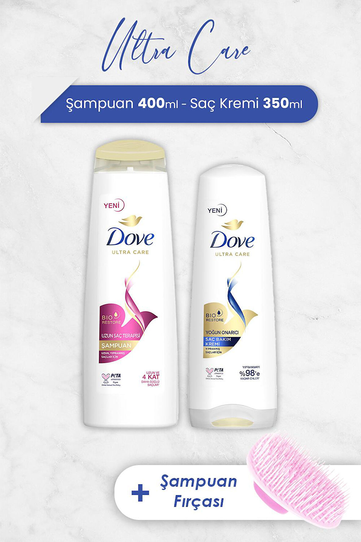 Dove Ultra Care Uzun Saç Şampuan, Yoğun Onarıcı Krem ve Şampuan Fırçası