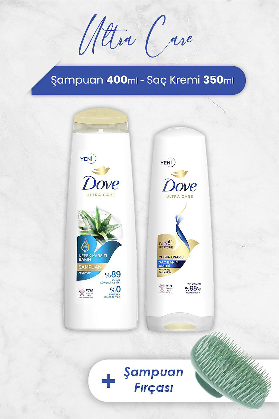 Dove Ultra Care Aloe Vera Şampuan, Yoğun Onarıcı Krem ve Şampuan Fırçası