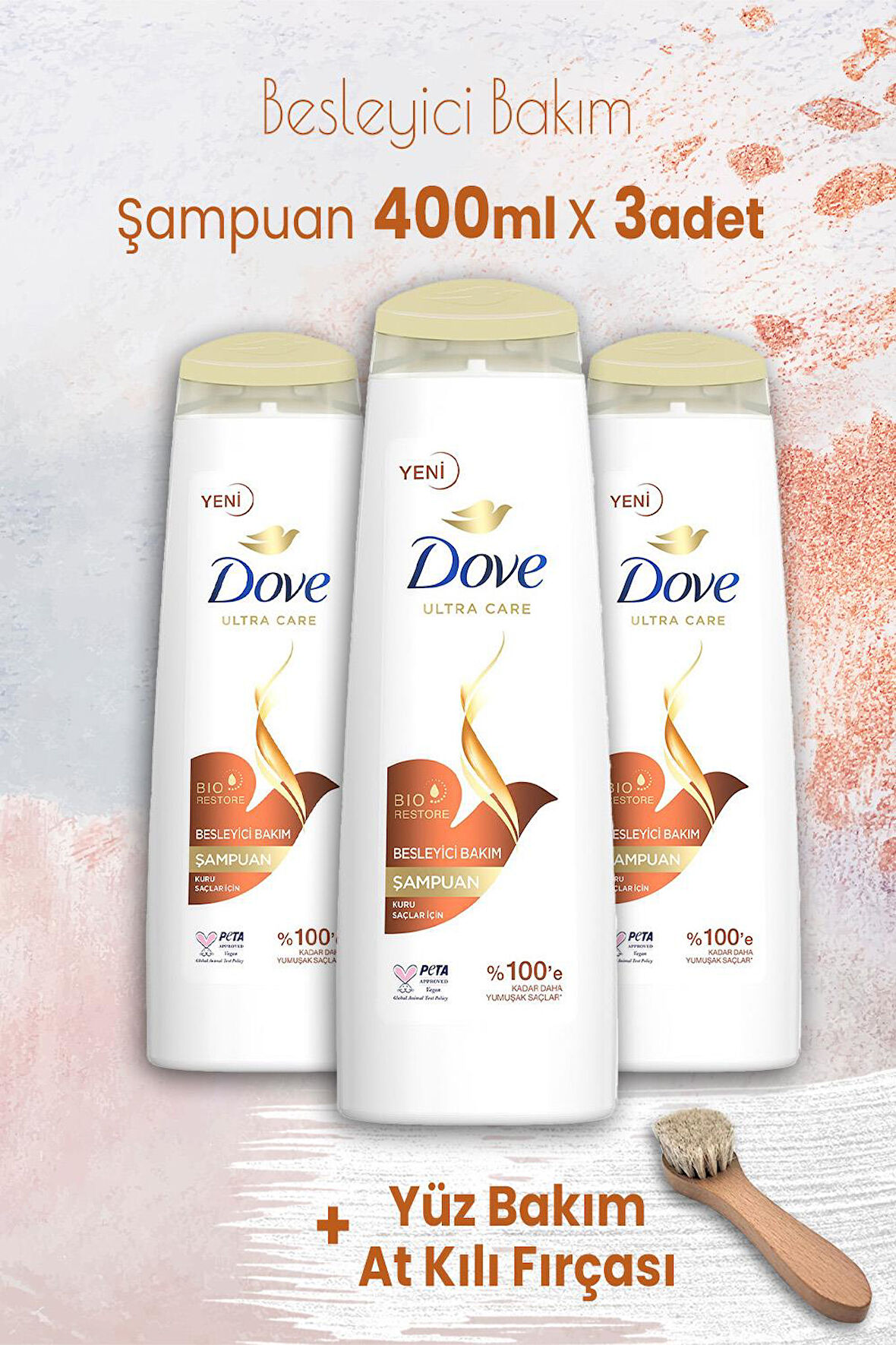 Dove Ultra Care Şampuan Besleyici Bakım 400 ml x 3 Adet ve Yüz Bakım At Kılı Fırçası