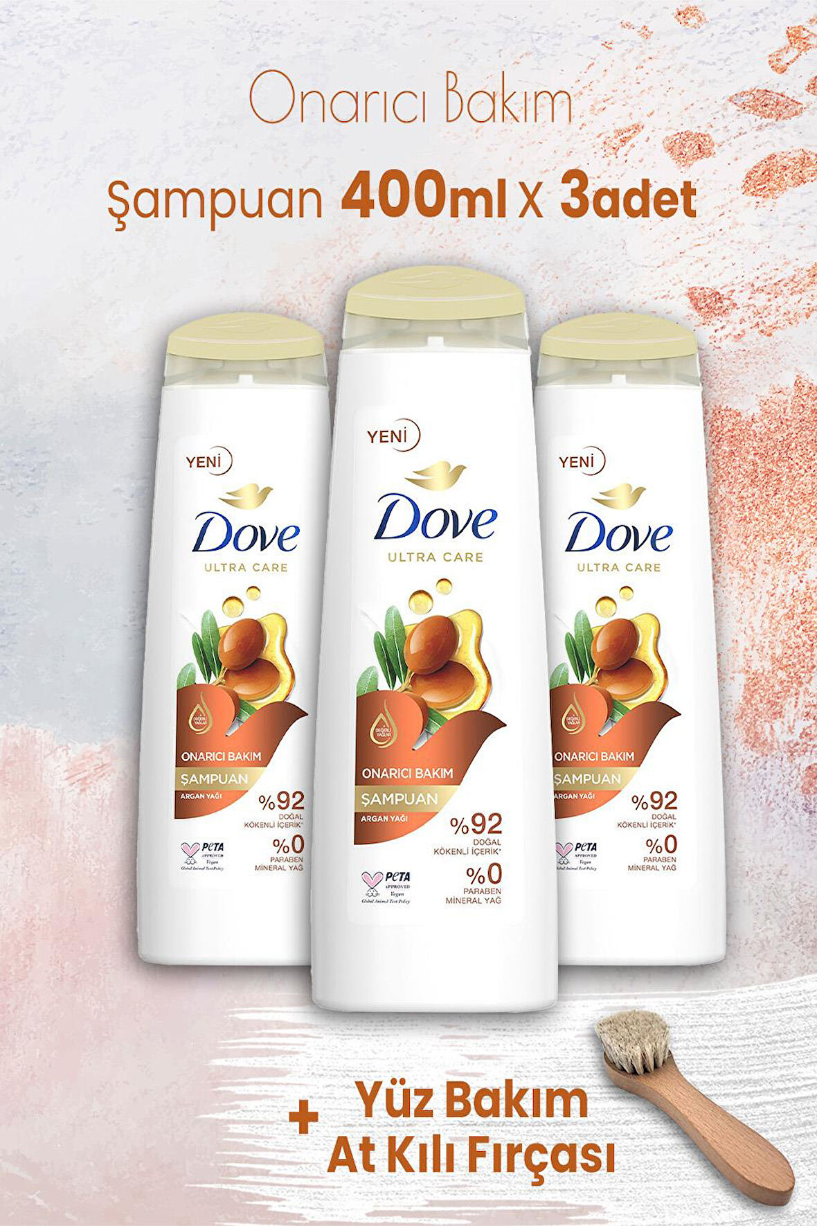 Dove Ultra Care Onarıcı Bakım Argan Yağı Şampuan 400 ml x 3 Adet ve Yüz Bakım At Kılı Fırçası