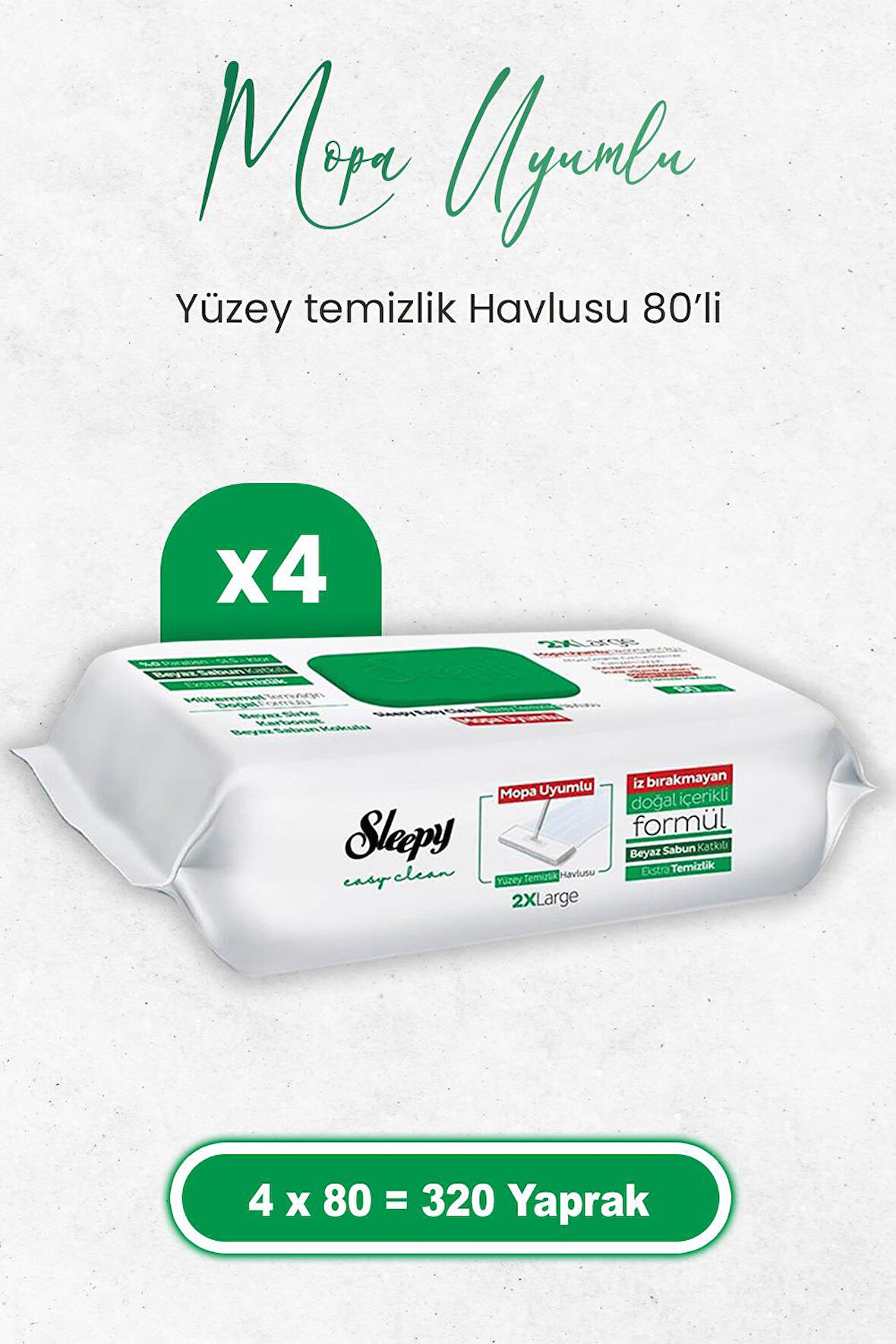 Sleepy Easy Clean Beyaz Sabun Katkılı Mopa Uyumlu Yüzey Temizlik Havlusu 80 x 4 Adet (320 Yaprak)