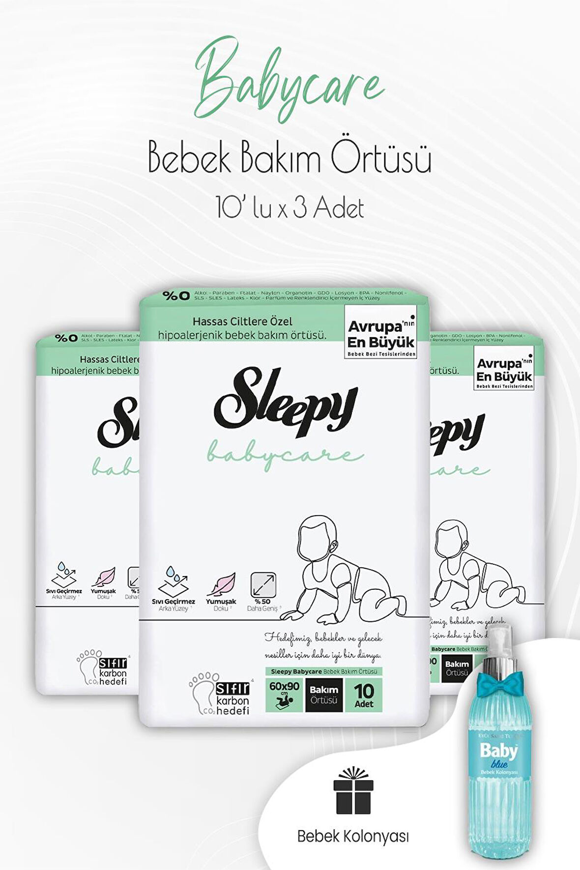 Sleepy Babycare Bebek Bakım Örtüsü 10'lu x 3 Adet ve Bebek Kolonyası Mavi