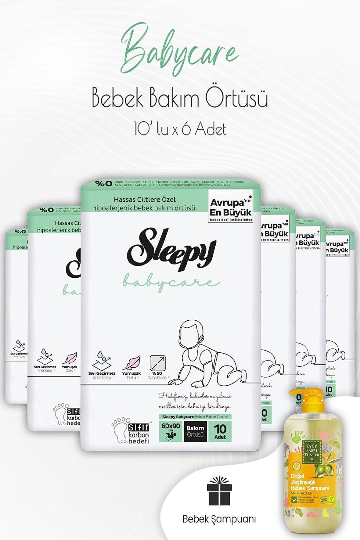 Sleepy Babycare Bebek Bakım Örtüsü 10'lu x 6 Adet ve Bebek Şampuanı