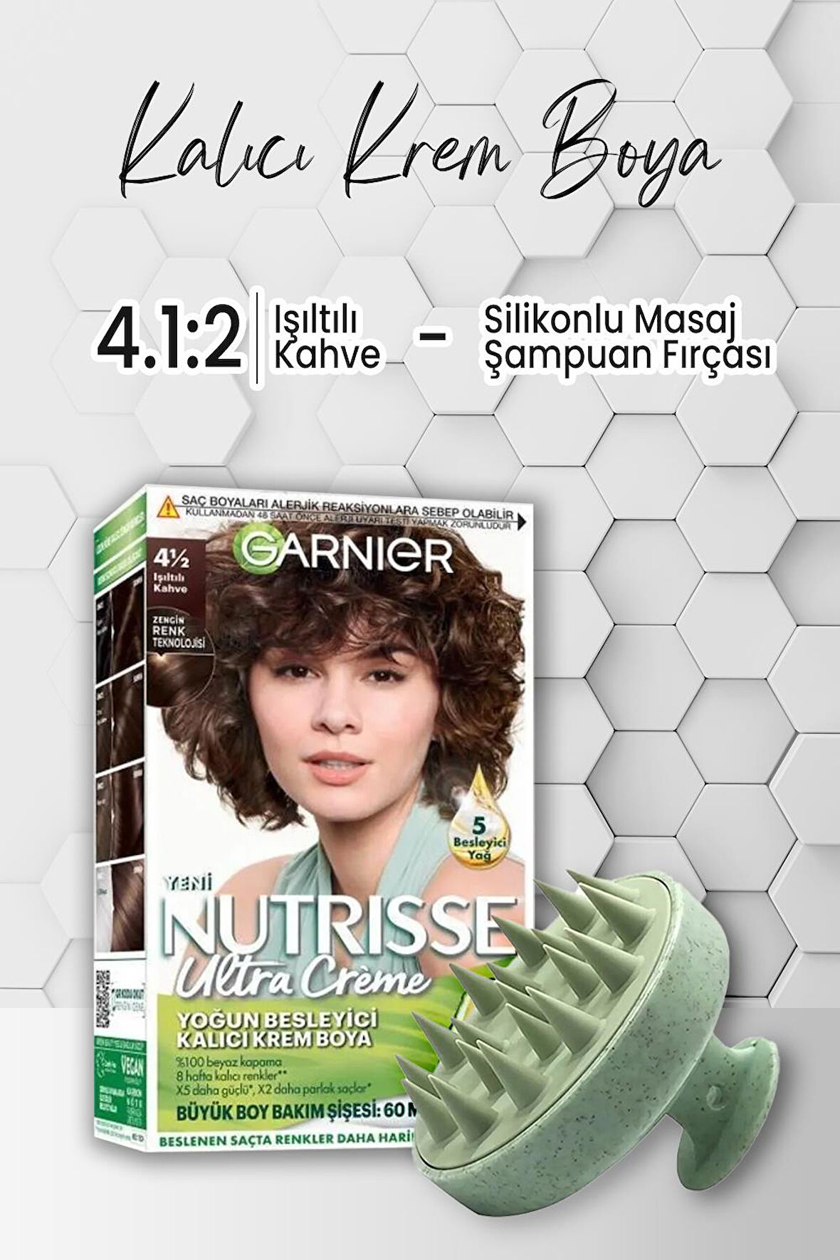 Garnier Nutrisse Kalıcı Krem Saç Boyası 4 1:2 Işıltılı Kahve ve Şampuan Fırçası Yeşil