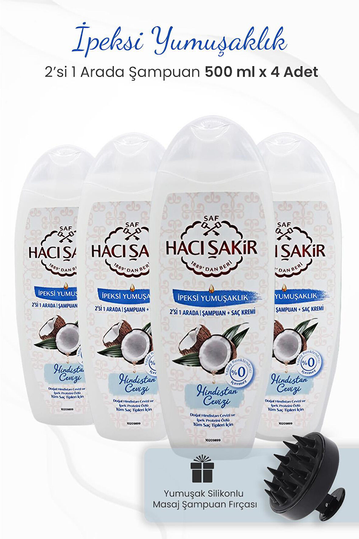 Hacı Şakir Hindistan Cevizi 2si 1 Arada Şampuan 500 ml x 4 Adet ve Şampuan Fırçası Siyah