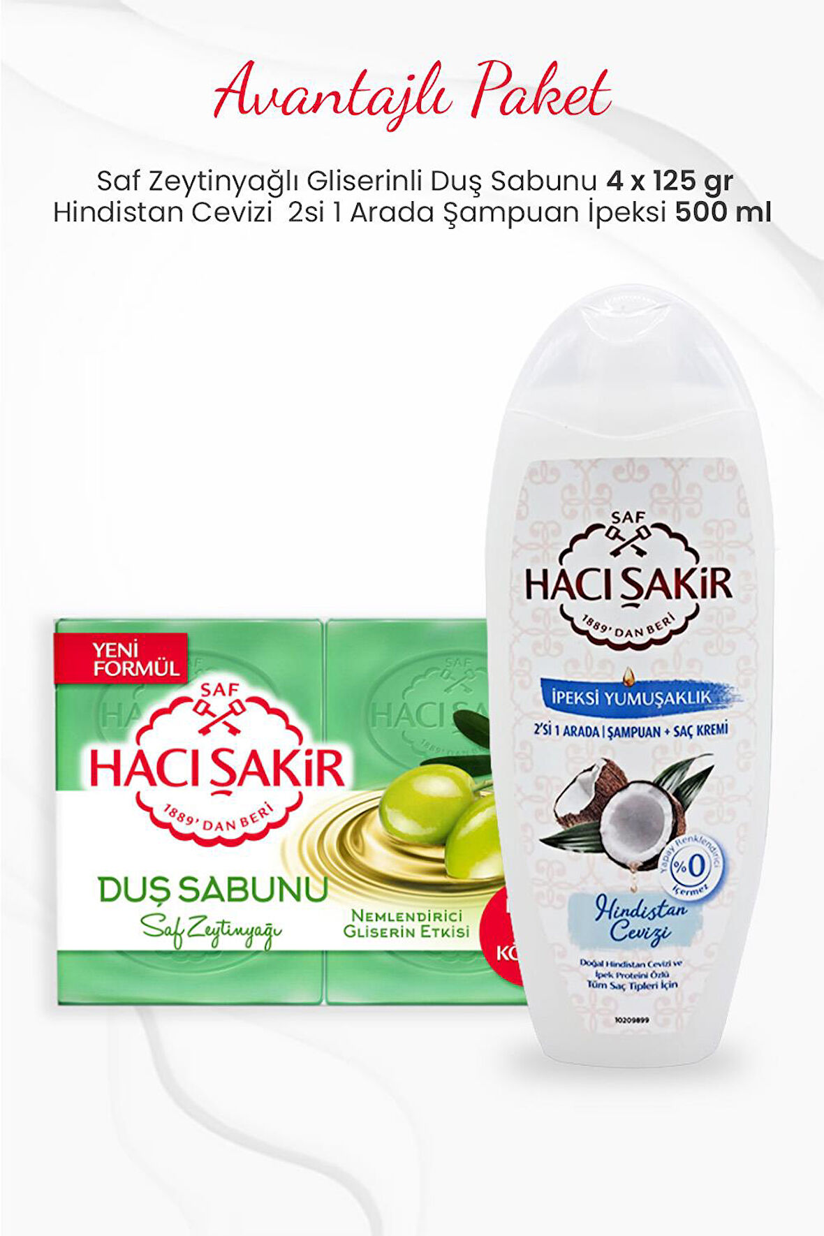 Hacı Şakir 4'lü Saf Zeytinyağlı Duş Sabunu ve Hindistan Cevizi 2si 1 Arada Şampuan 500 ml