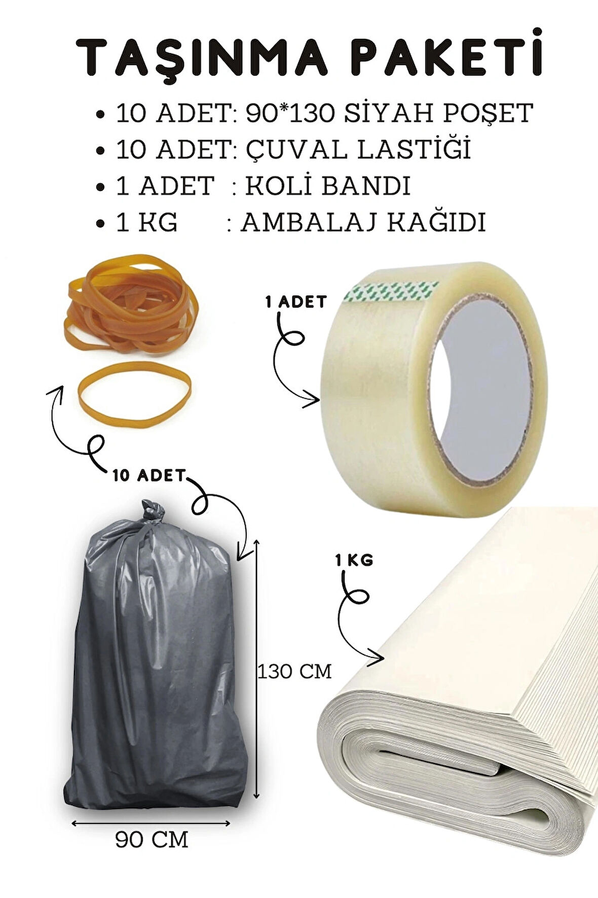 10 Adet 90x130 Siyah Ev Taşıma Taşınma Poşeti 1 Adet 45x100 Koli Bandı 1 Kg Ambalaj Kağıdı Taşınma Seti