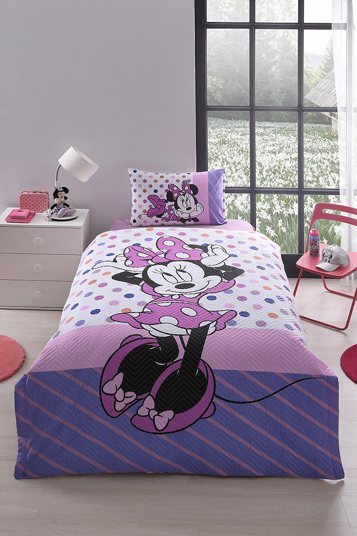 Özdilek Minnie Mouse Trend Tek Kişilik Kapitoneli Nevresim Takımı Complete Set Lastikli Çarşaf Pembe