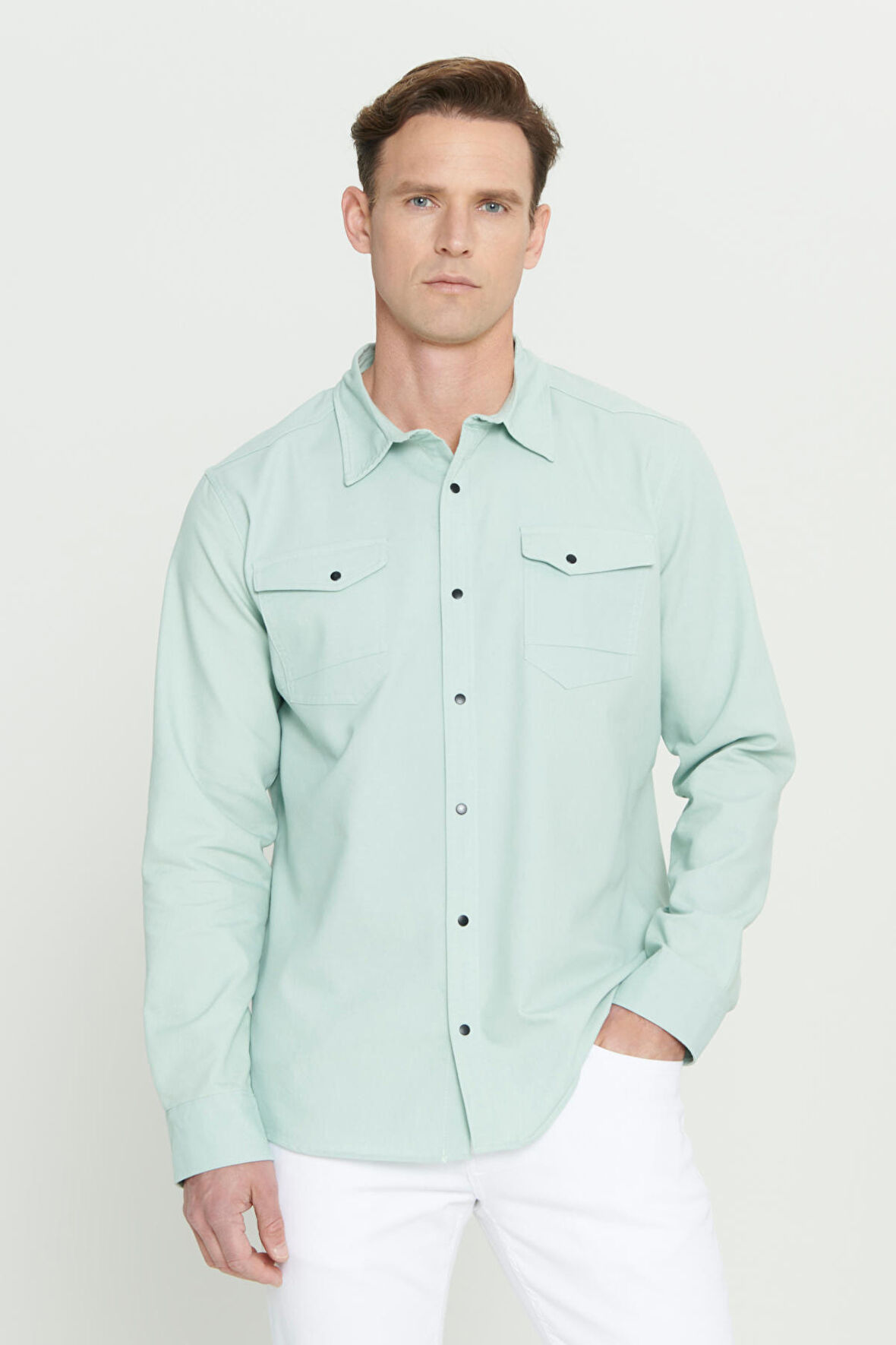 Erkek Su Yeşili Slim Fit Dar Kesim Klasik Yaka Pamuklu Gömlek