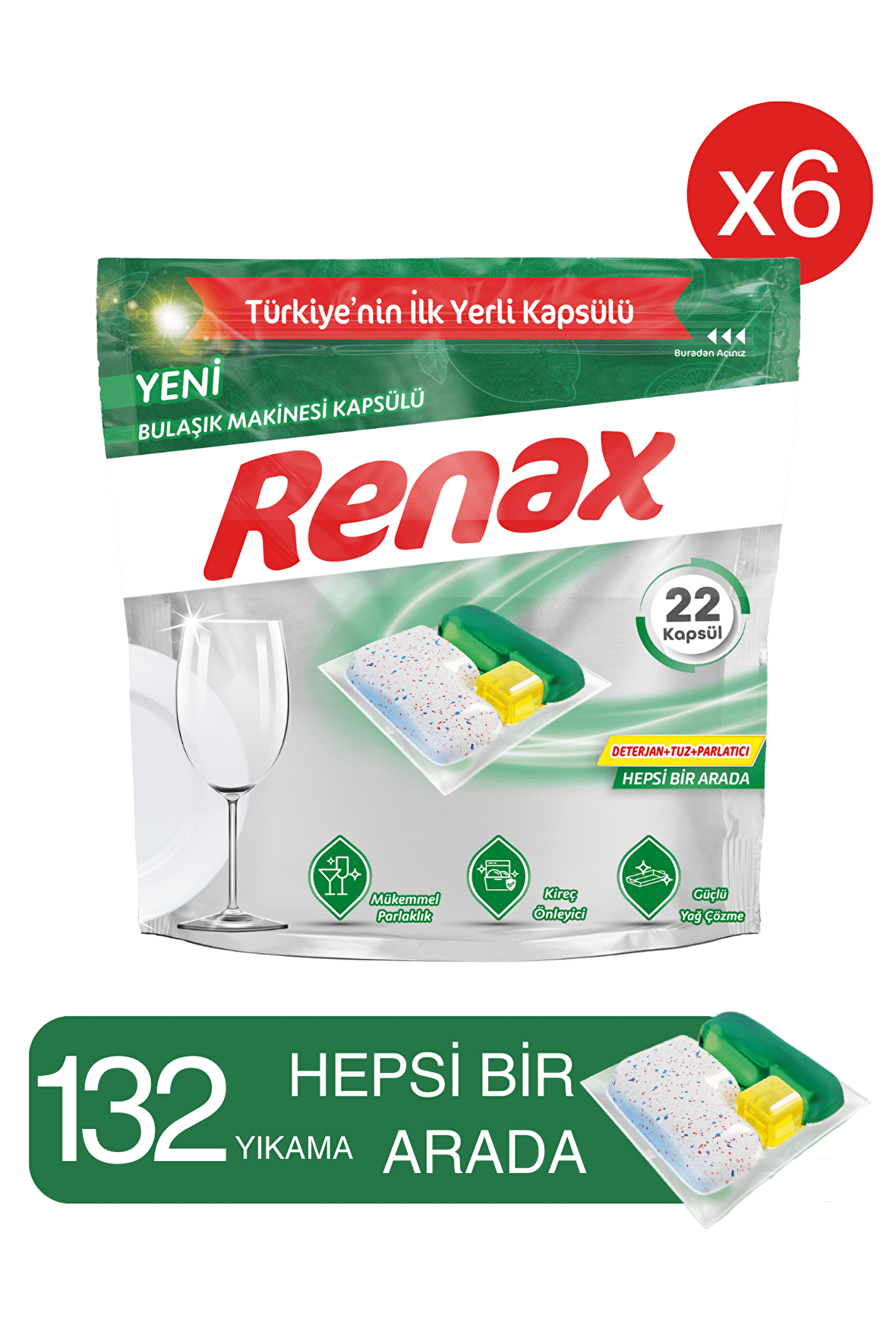 Renax Bulaşık Makinesi Kapsülü Hepsi Bir Arada 22 Li - 6 Paket