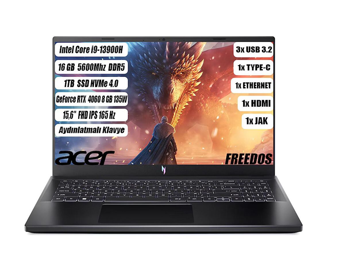 Acer Nitro ANV15-51 I9-13900H 16 GB 1 TB SSD RTX 4060- 8 GB 15,6" FHD IPS Freedos NH.QQEEY.007