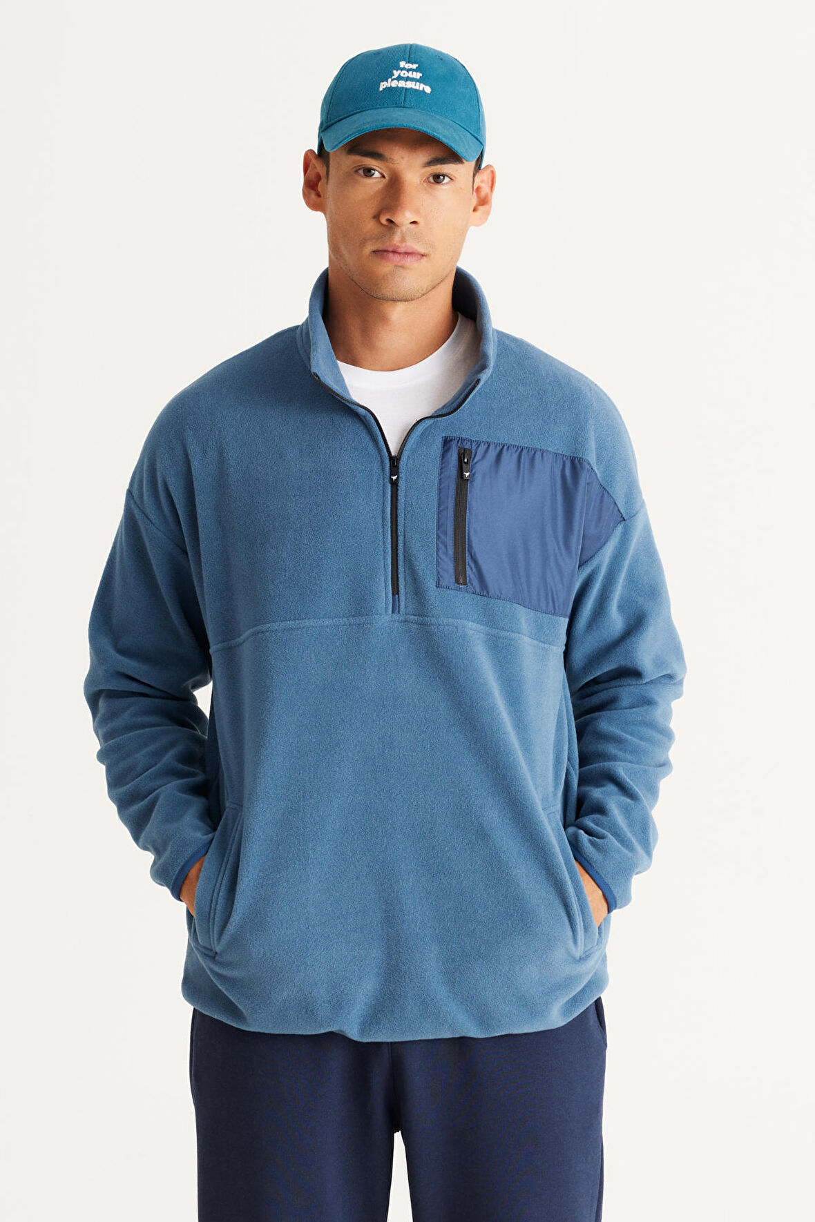 Erkek Indigo Oversize Bol Kesim Bato Yaka Cep Detaylı Fermuarlı Isı Tutan Polar Sweatshirt