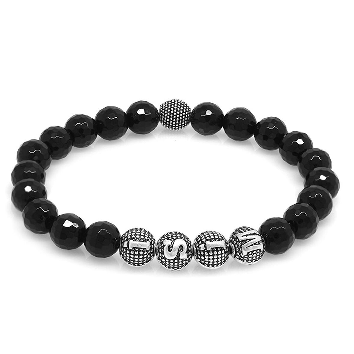 Fasetalı Oniks Metal Kombinli Kişiye Özel İsim Yazılı Küre Kesim Doğaltaş Bileklik