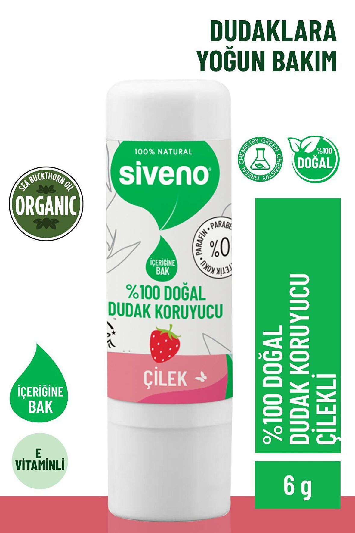 Siveno %100 Doğal Dudak Koruyucu Çilek Bitkisel Lip Balm Dudak Kremi Nemlendirici Parlatıcı Onarıcı 6 gr
