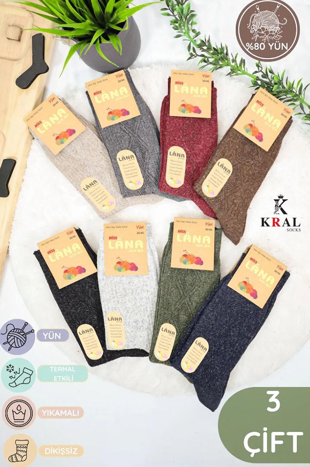 Kadın Koyun Yünü Lambswool Kışlık 3'lü Set Çorap