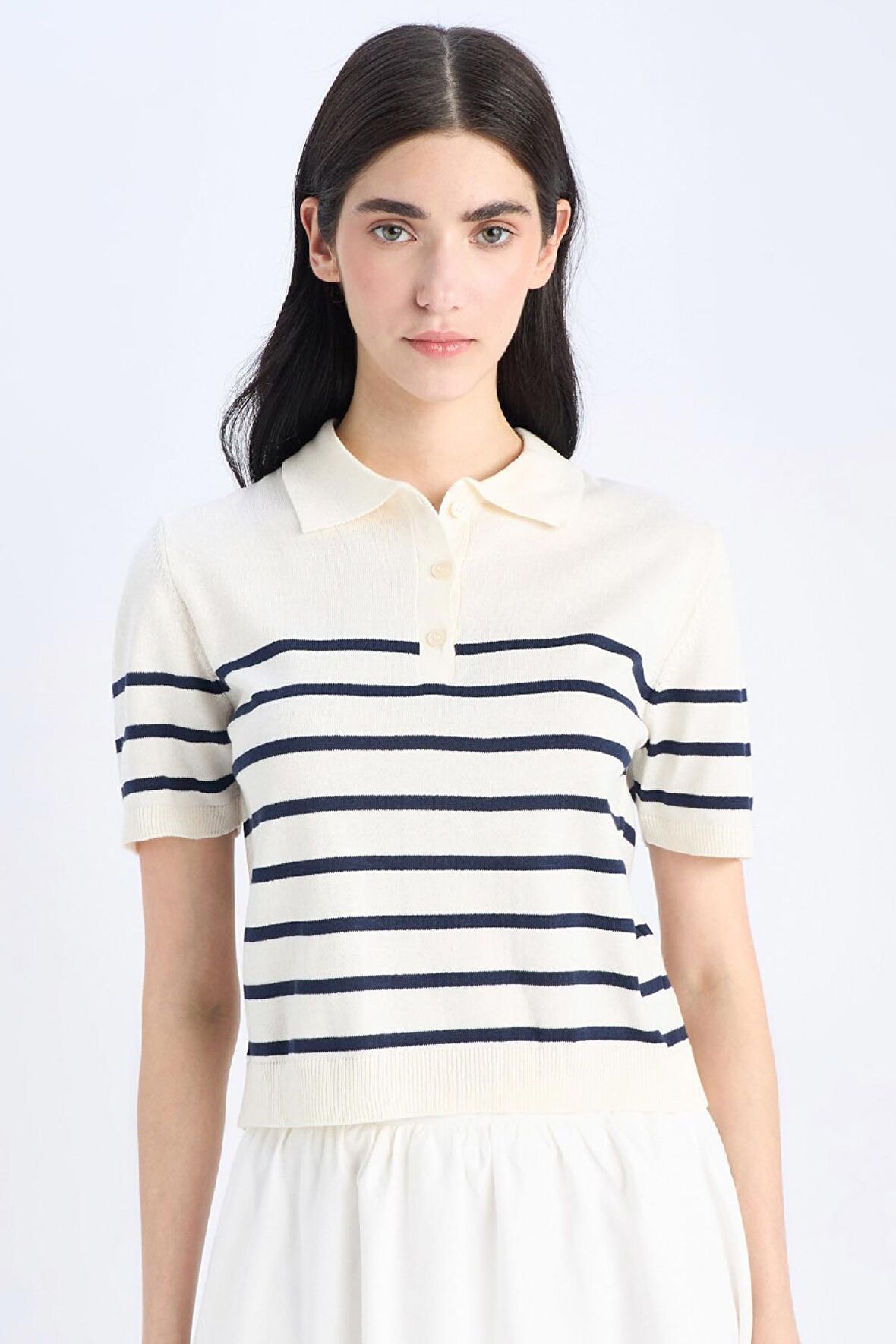 Regular Fit Polo Yaka Çizgili Kısa Kollu Triko Tişört	