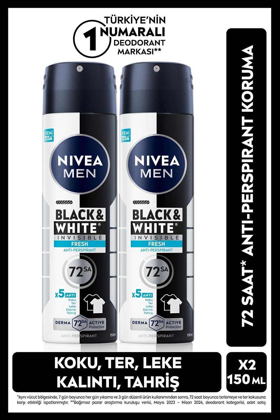 Nivea MEN Erkek Sprey Deodorant Black&White Invisible Fresh 150ml, 72 Saat Anti-perspirant Koruma, X2 Adet