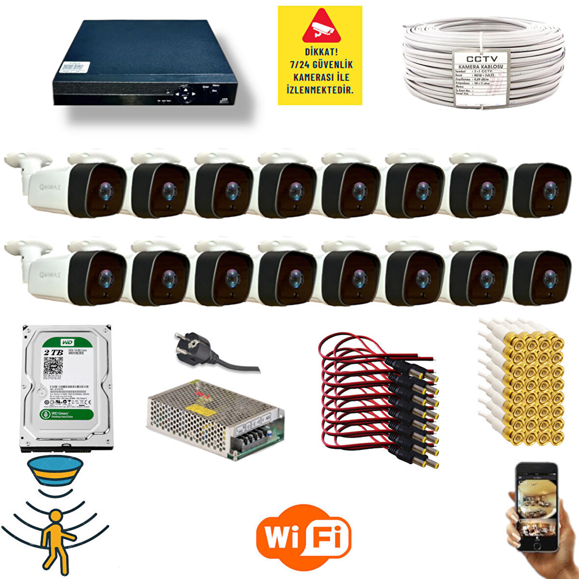 16 Kameralı Set - Hareket Algılayan Gece Görüşlü 36 IR Led 5MP Sony Lensli 1080P Full HD Metal Kasa Güvenlik Kamerası Seti 5236