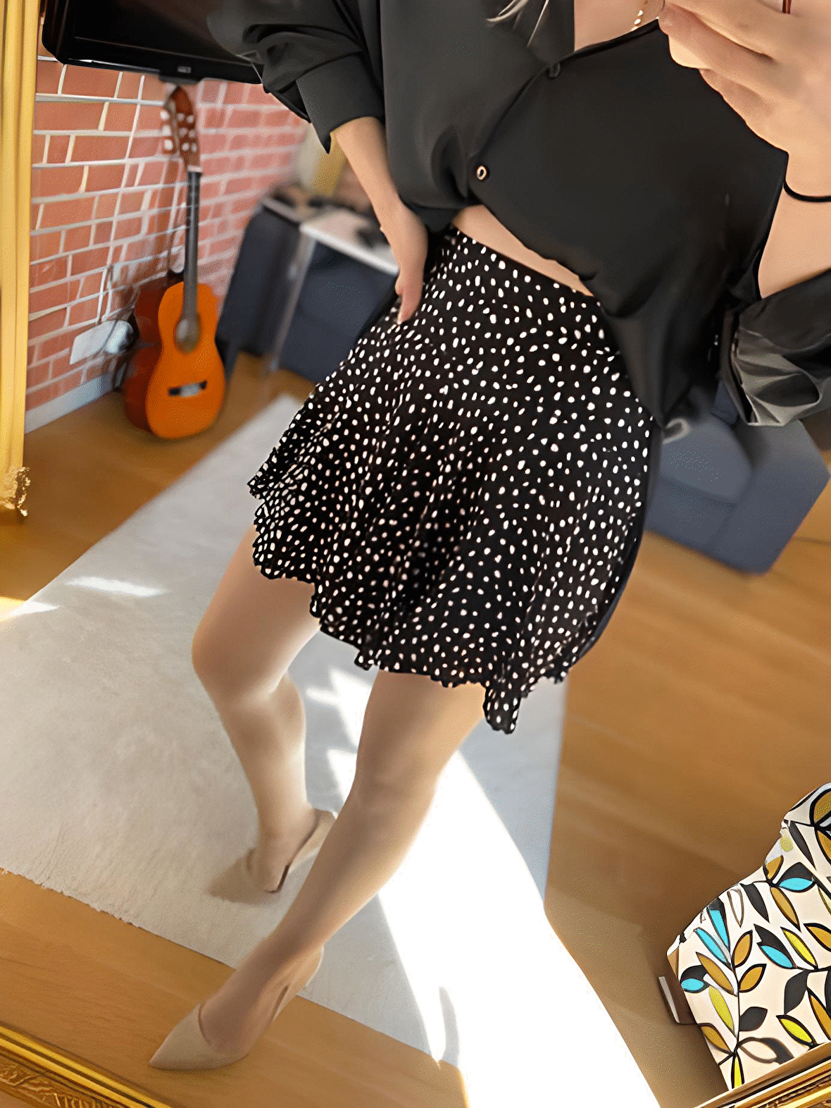 Siyah Yüksek Bel Şortlu Etek Diz Boy Darkalıp Helen Kumaş Çiçekli Etek