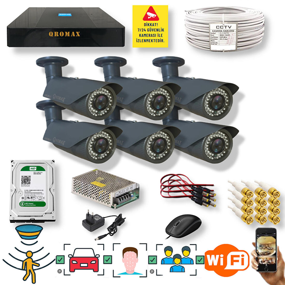 6 Kameralı Set - Araç İnsan Yüz Hareket Algilayan Gece Görüşlü 42 IR Led 5MP Sony Lensli 1080P Metal Güvenlik Kamerasi Seti 2042