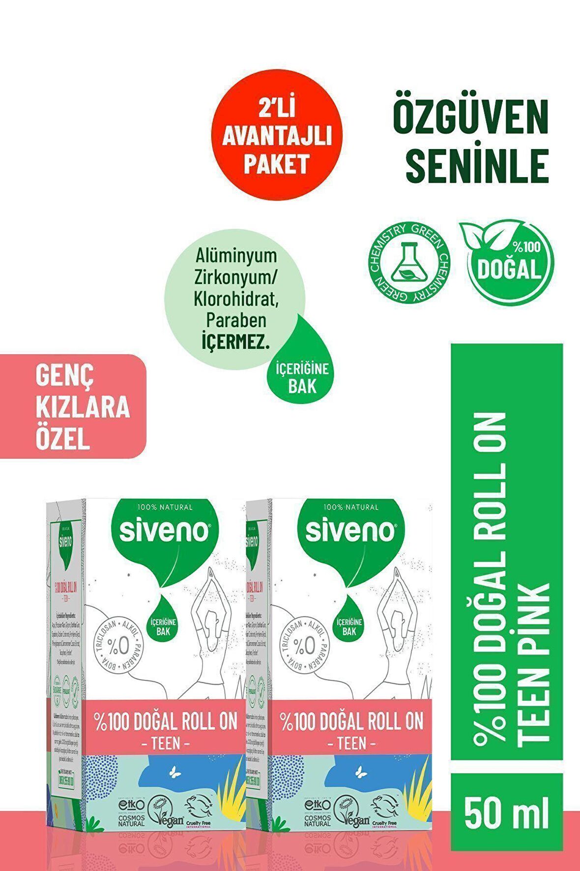 Siveno %100 Doğal Roll-On Teen Girl Genç Kız Deodorant Ter Kokusu Önleyici Bitkisel Lekesiz 50 ml X 2 Adet