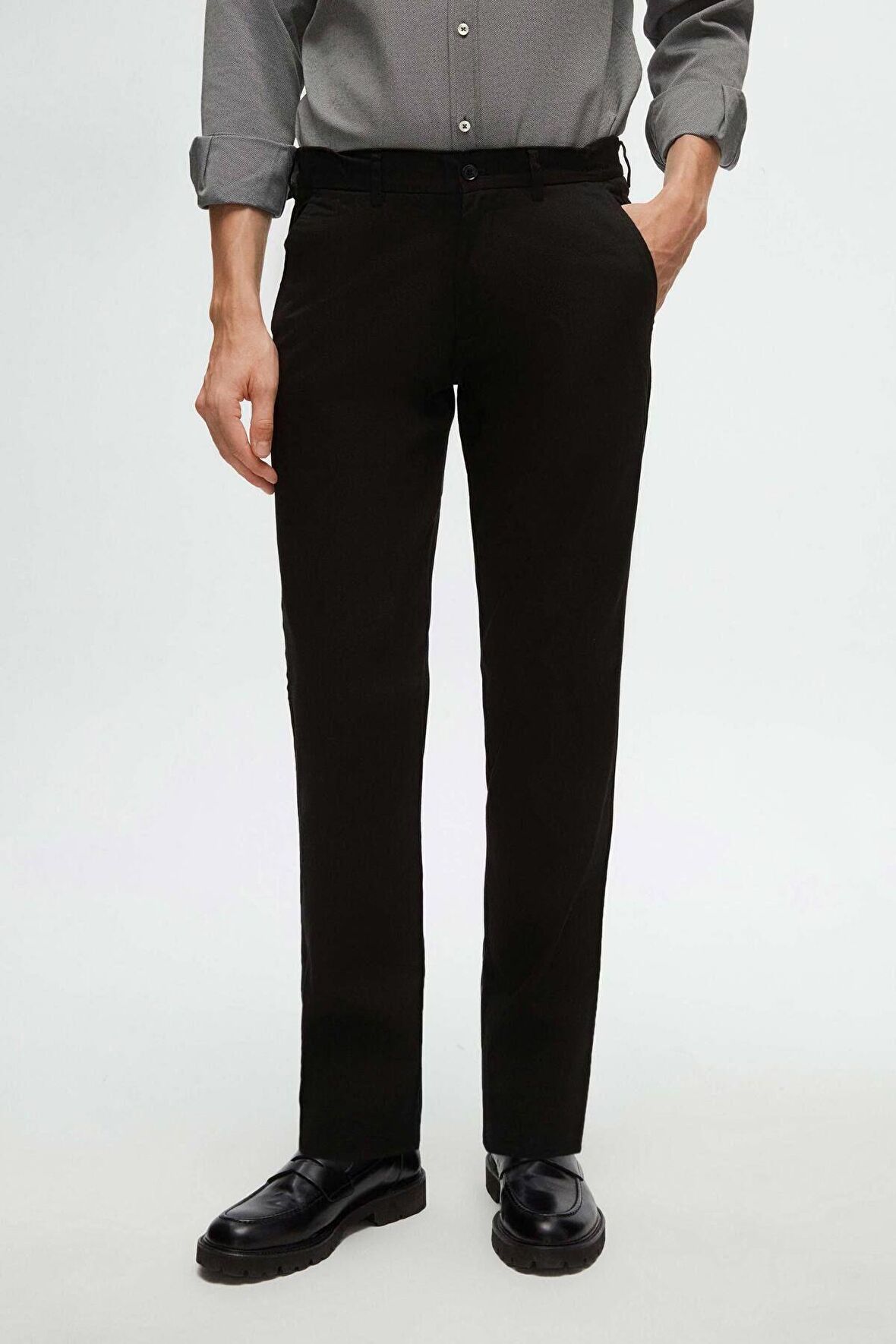 Slim Fit Siyah Armürlü Yan Beli Lastikli Esnek Likralı Yandan Cepli Chino Pantolon 2HCC3ORT20001