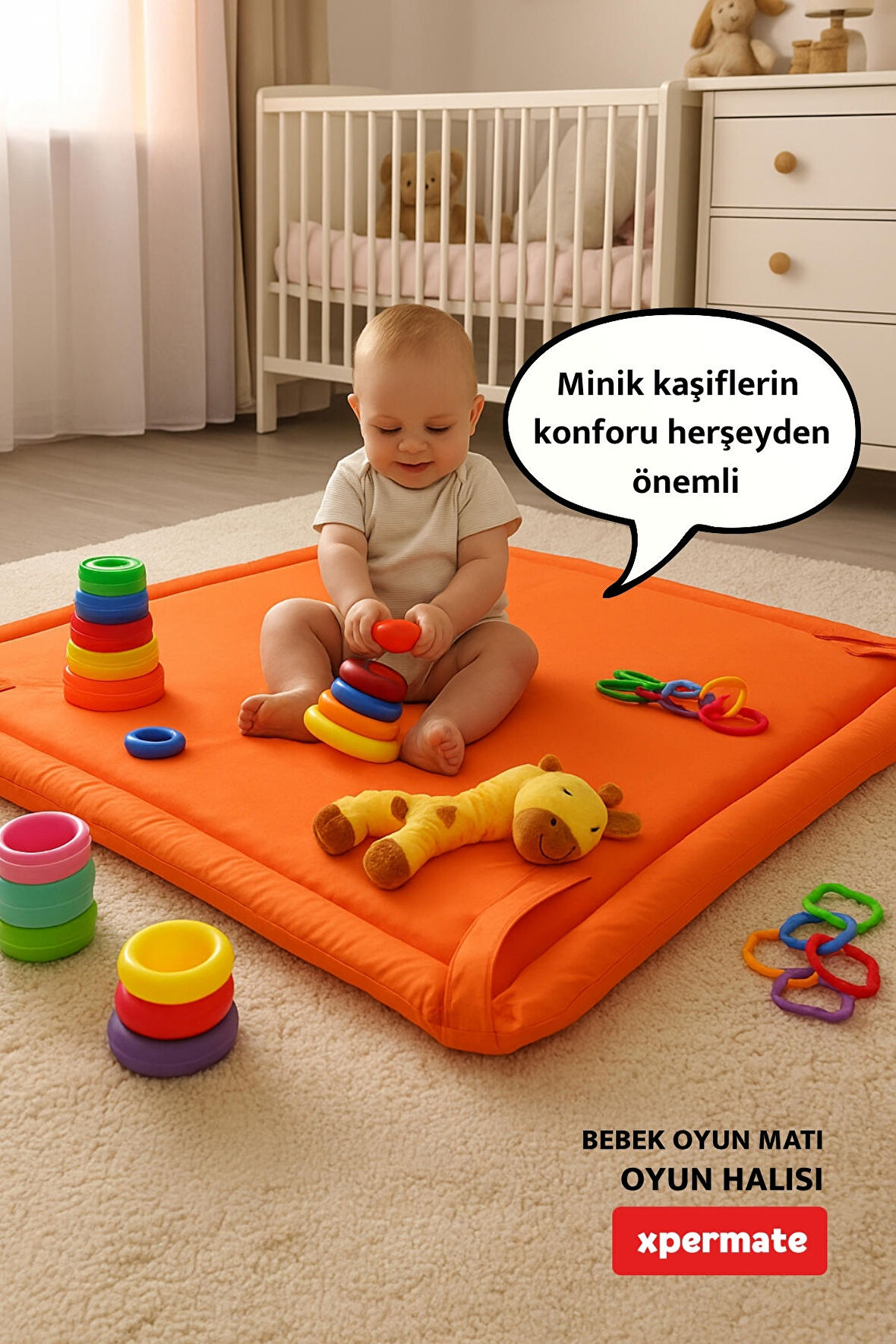 XPERMATE Bebek Oyun Matı ve Oyun Halısı Su itici Kumaş 90x96x3 Cm Turuncu