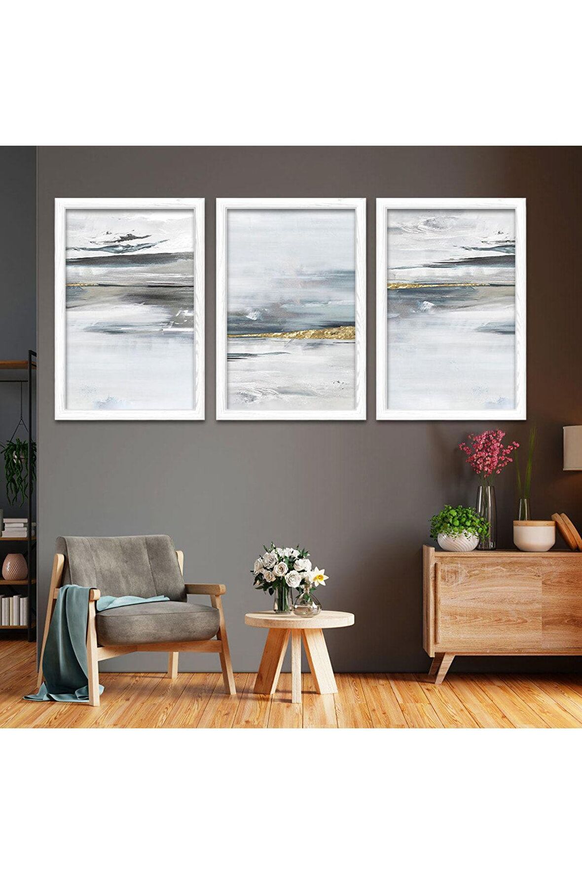 GOLD AYNALI PLEKSİ ÇERÇEVELİ SULUBOYA TARZINDA MİNİMAL ŞEKİLLER TABLOSU