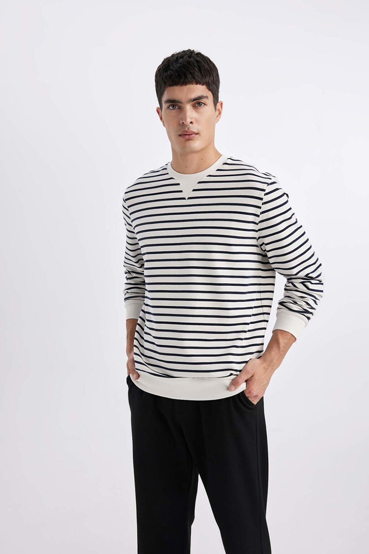 DeFacto Modern Fit Bisiklet Yaka Çizgili Sweatshirt B6498AX24SPWT32