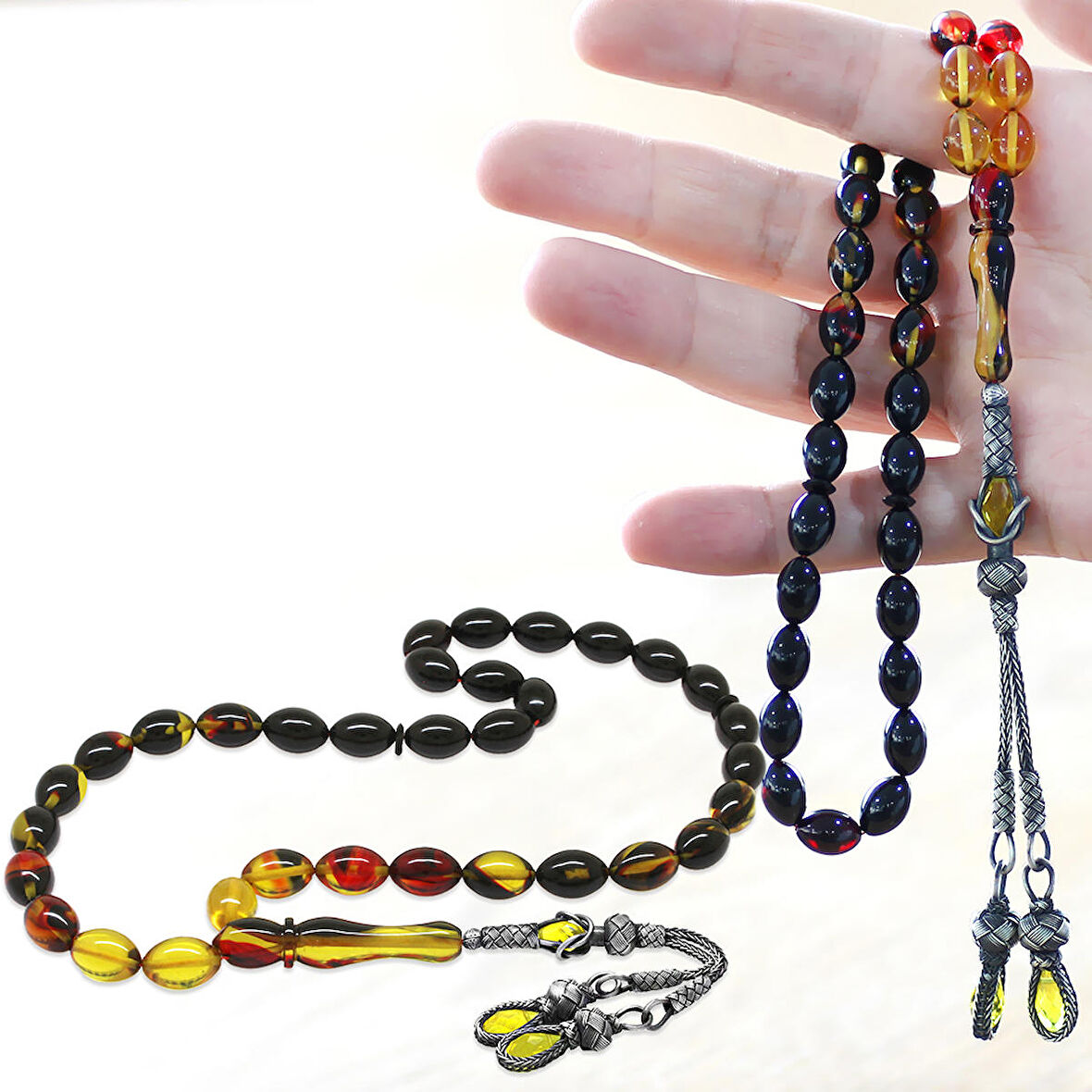 1000 Ayar Gümüş Kazaz Püsküllü Arpa Kesim Süzme Bala-Siyah Ateş Kehribar Tesbih