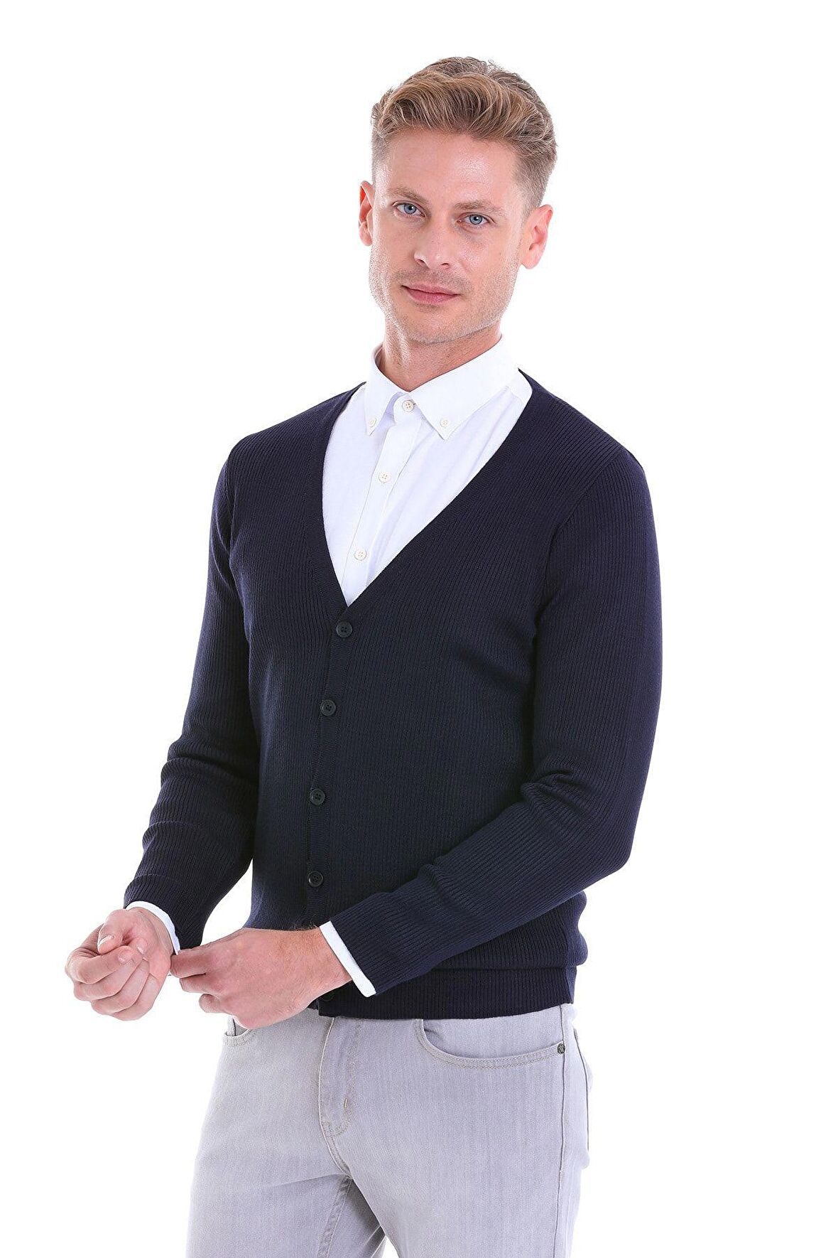 Lacivert V Yaka Regular Fit Yünlü Triko Hırka | S
