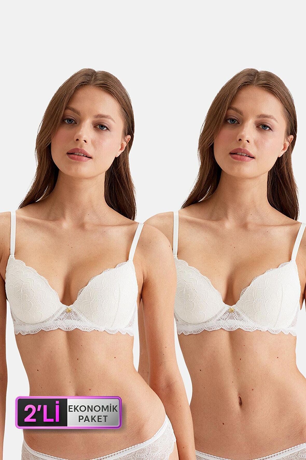 2'li Ekonomik Paket Ekru 4731001-2 Rome Balenli Soft Push Up Dantelli Sütyen Set