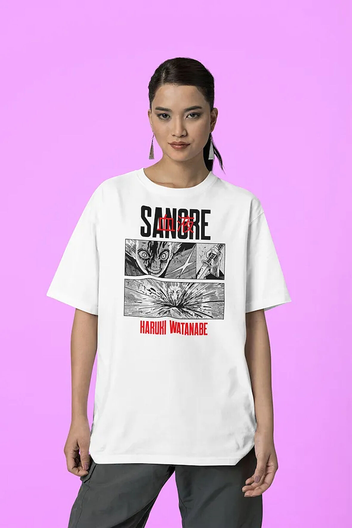Sangre Haruki Watanabe Baskılı Unisex Tişört, Oversize Anime Tişört