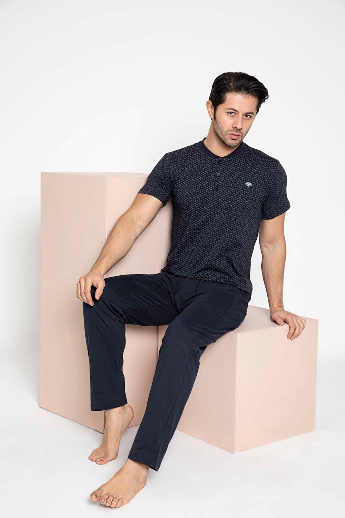 Erkek Ekose Desen 3 Düğmeli Bisiklet Yaka Bilek Manşetli Modal Mevsimlik Uzun Kol Cepli Pijama Takım