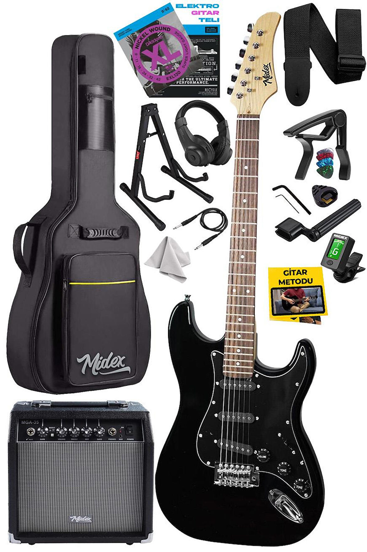 Midex RPH-30BK-35AMP Gül Klavye Strat Kasa SSS 35W Elektro Gitar Seti