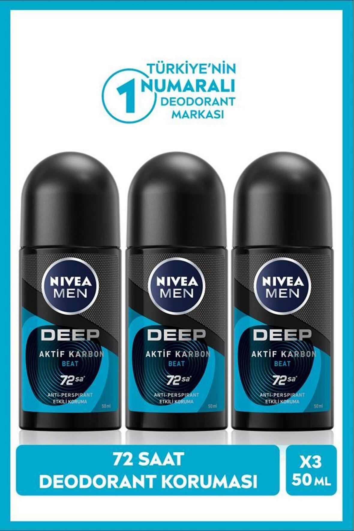 Nivea MEN Erkek Roll-on Deodorant Deep Beat 50ml, 72 Saat Koruma, X3 Adet