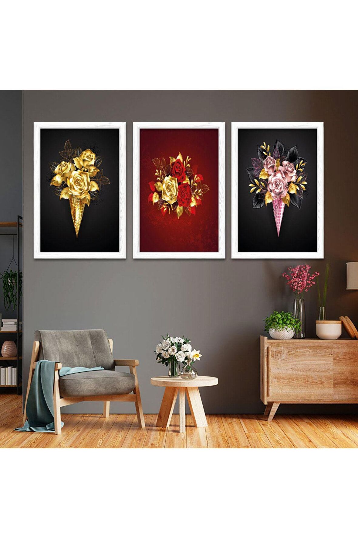 Gümüş Aynalı Pleksi Çerçeveli Üçlü Soyut Desen Üçlü Mdf Tablo Seti