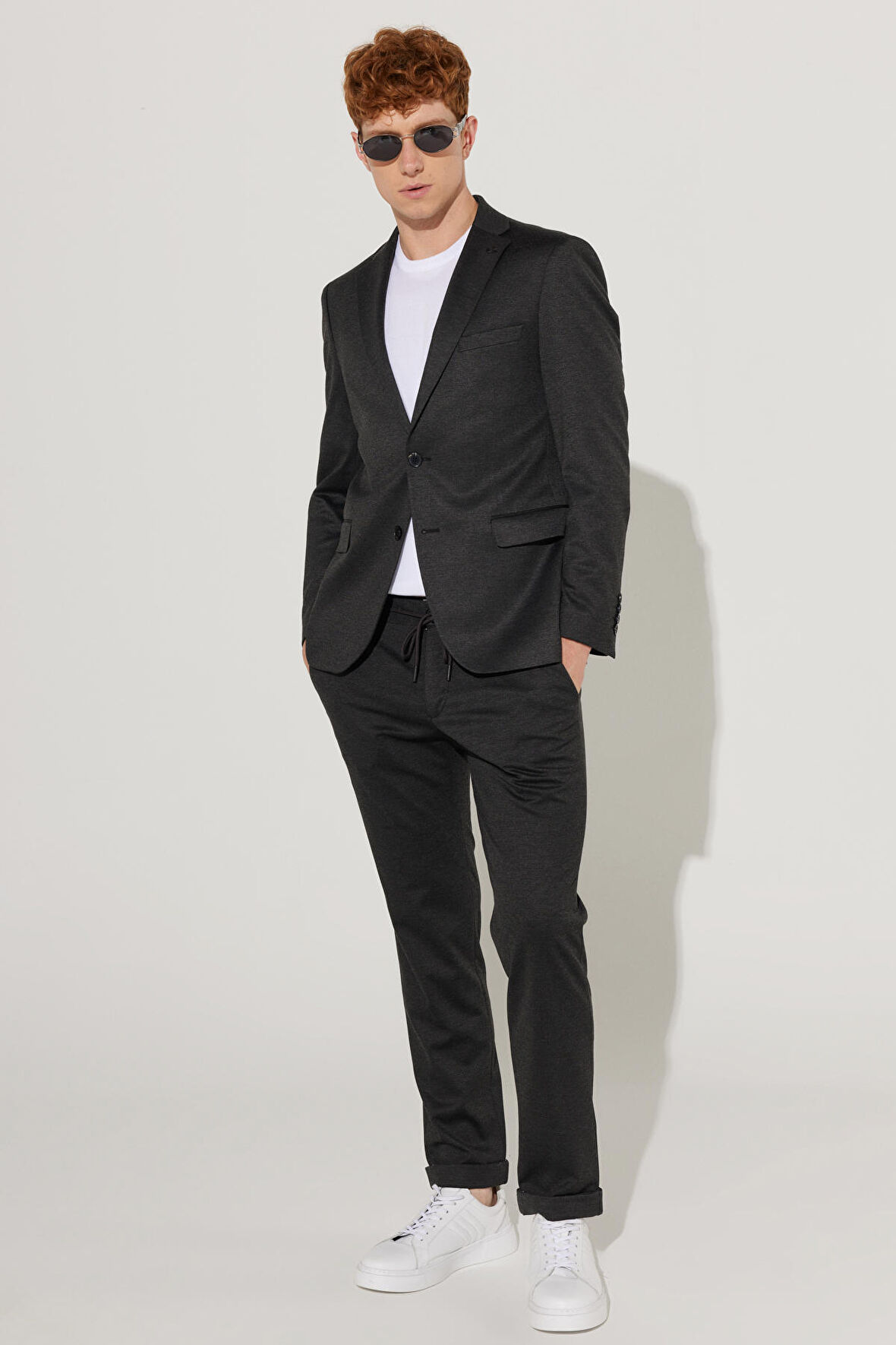 Erkek Antrasit Slim Fit Dar Kesim Mono Yaka Örme Takım Elbise