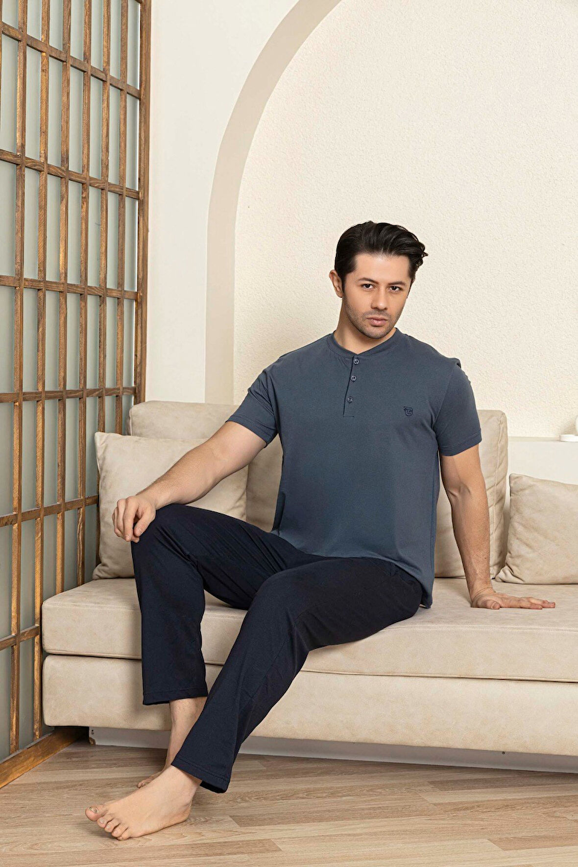 Erkek 3 Düğmeli %100 Pamuk Yazlık Kısa Kol Cepli Pijama Takımı