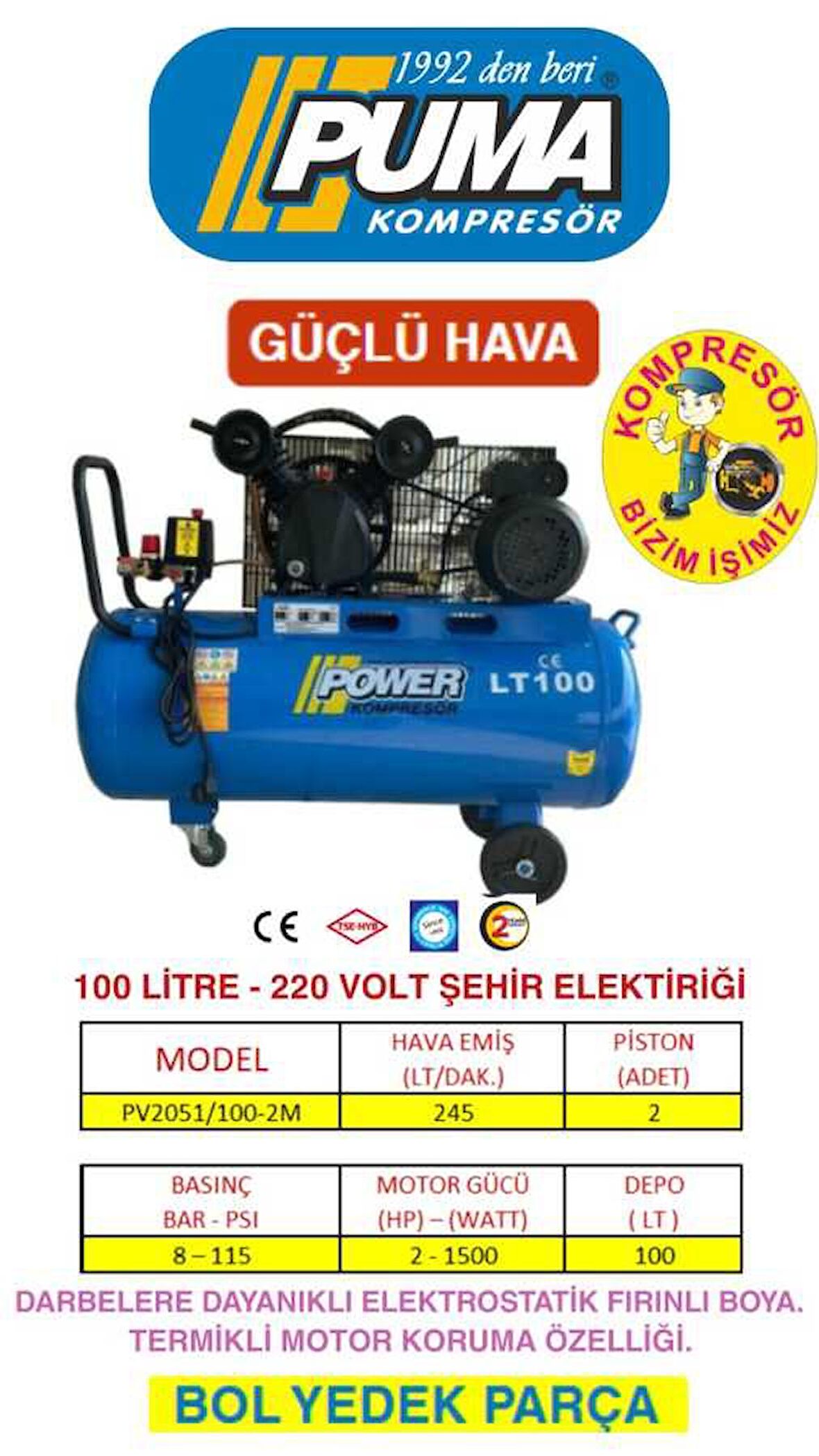 PİSTONLU KOMPRESÖR - 100 Lt - 2 HP - 8 Bar - Hava Üretimi: 200 Lt/dk. - 220 Volt