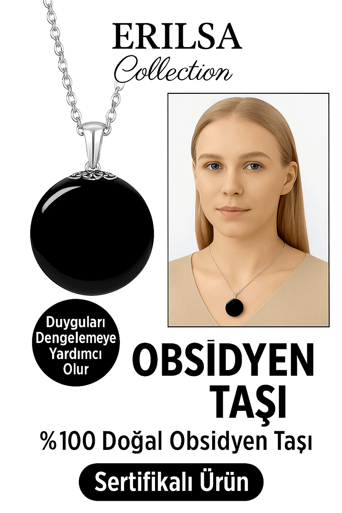 Sertifikalı Siyah Obsidyen Taşı Kolye - 1.kalite