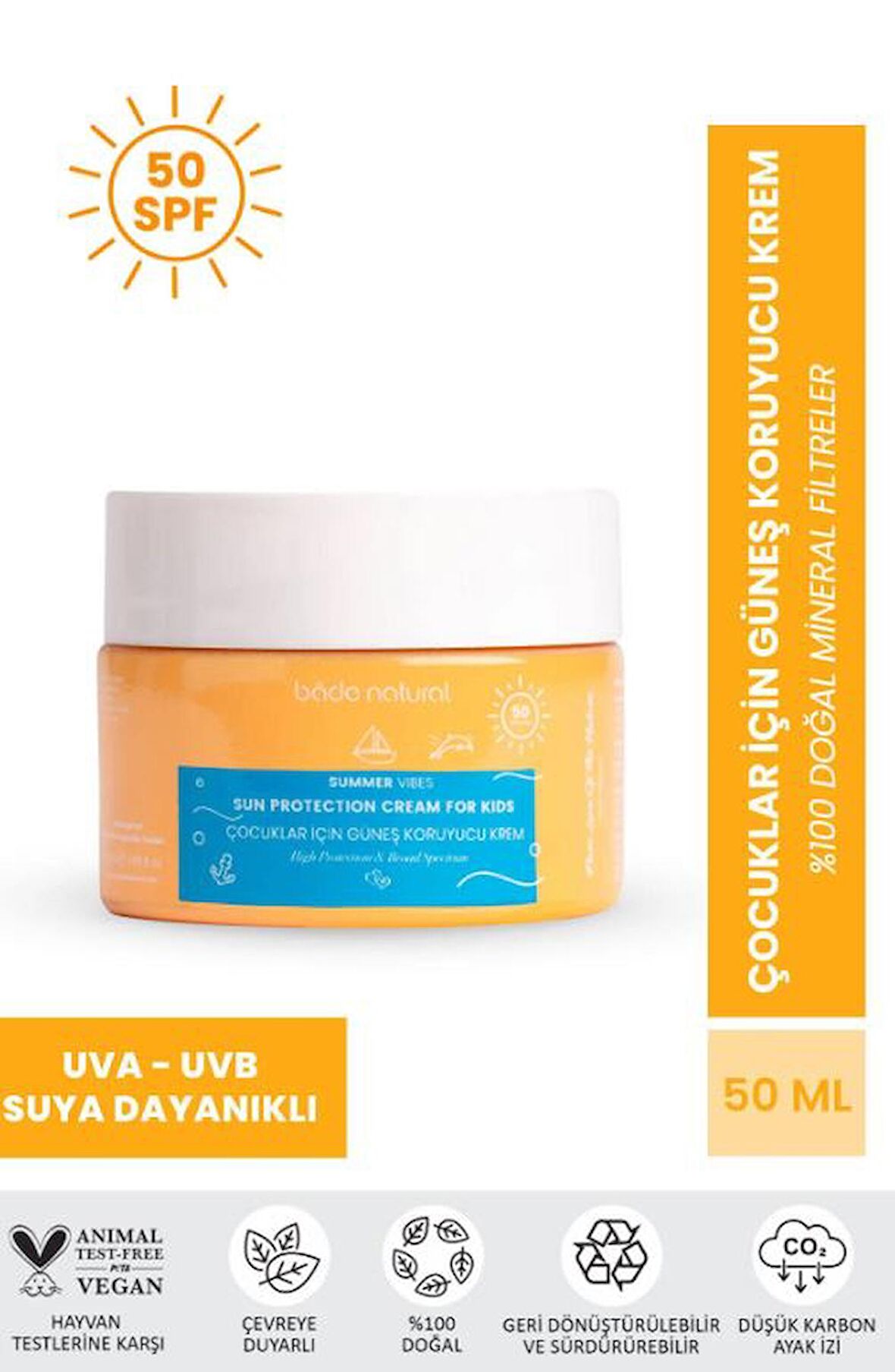 Bade Natural 50 Spf Yüksek Korumalı %100 Mineral Filtreli ve Doğal Çocuklar İçin Güneş Koruyucu Krem 50 ml